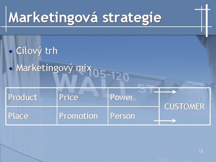 Marketingová strategie • Cílový trh • Marketingový mix Product Price Power Place Promotion Person
