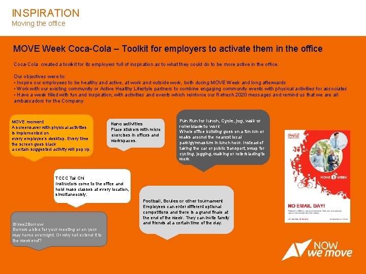 INSPIRATION Moving the office MOVE Week Coca-Cola – Toolkit for employers to activate them