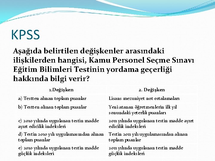 KPSS Aşağıda belirtilen değişkenler arasındaki ilişkilerden hangisi, Kamu Personel Seçme Sınavı Eğitim Bilimleri Testinin