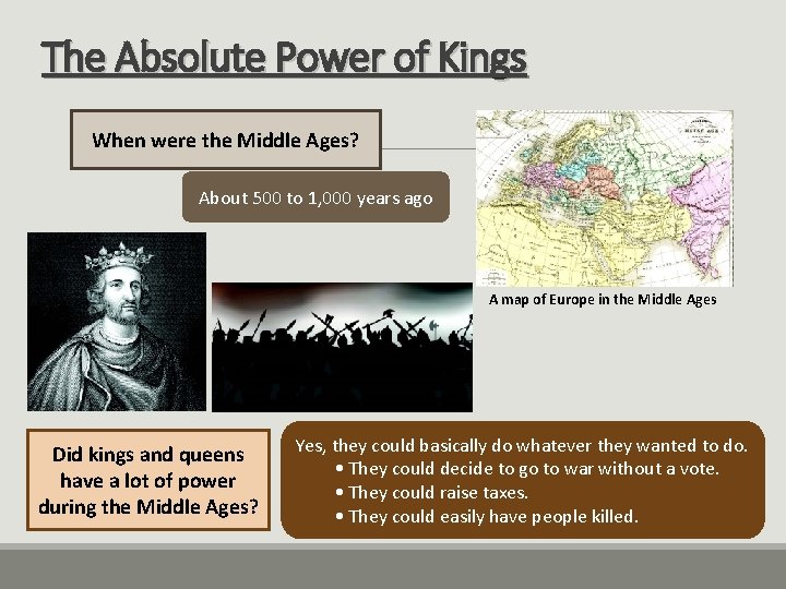 The Absolute Power of Kings When were the Middle Ages? About 500 to 1,