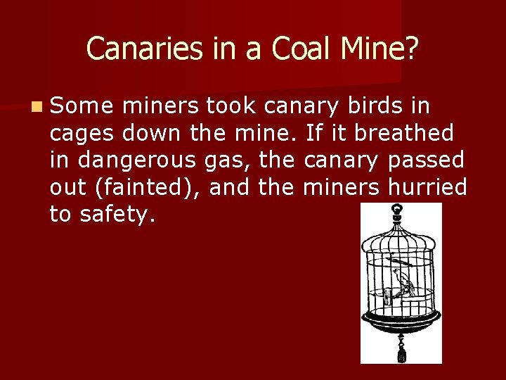 Canaries in a Coal Mine? n Some miners took canary birds in cages down