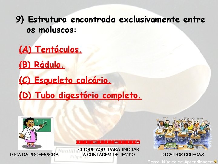 9) Estrutura encontrada exclusivamente entre os moluscos: (A) Tentáculos. (B) Rádula. (C) Esqueleto calcário.