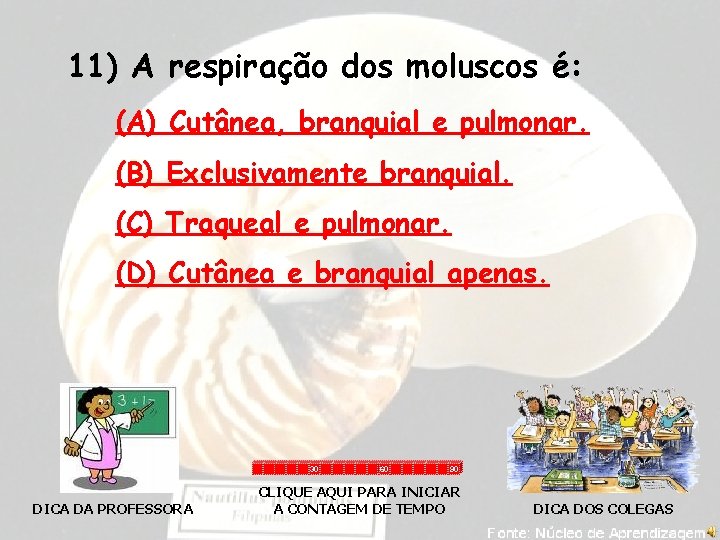 11) A respiração dos moluscos é: (A) Cutânea, branquial e pulmonar. (B) Exclusivamente branquial.