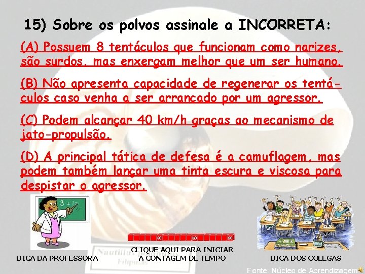 15) Sobre os polvos assinale a INCORRETA: (A) Possuem 8 tentáculos que funcionam como