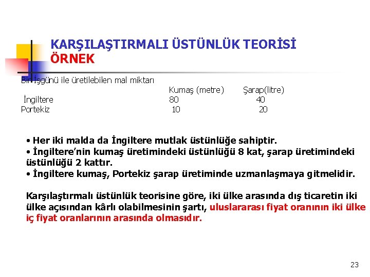 KARŞILAŞTIRMALI ÜSTÜNLÜK TEORİSİ ÖRNEK Bir İşgünü ile üretilebilen mal miktarı İngiltere Portekiz Kumaş (metre)