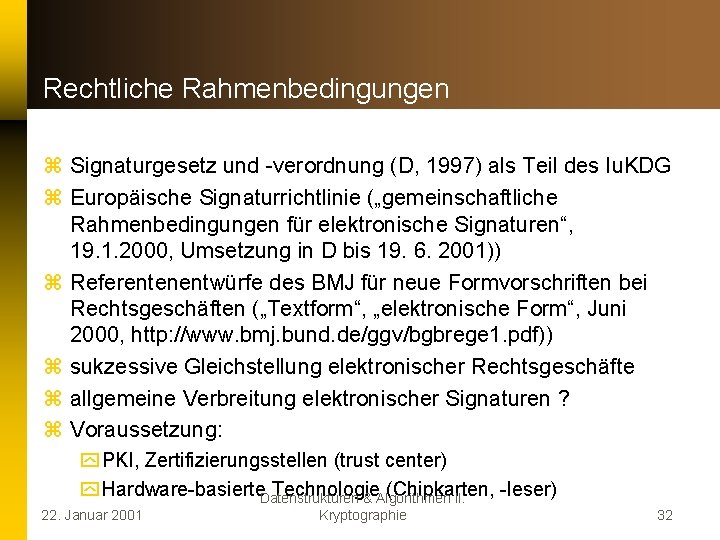 Rechtliche Rahmenbedingungen z Signaturgesetz und -verordnung (D, 1997) als Teil des Iu. KDG z