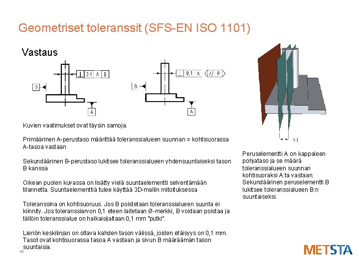 Geometriset toleranssit (SFS-EN ISO 1101) Vastaus Kuvien vaatimukset ovat täysin samoja. Primäärinen A-perustaso määrittää