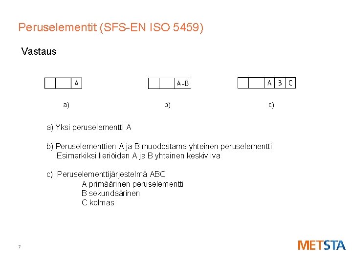 Peruselementit (SFS-EN ISO 5459) Vastaus a) b) c) a) Yksi peruselementti A b) Peruselementtien