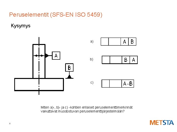Peruselementit (SFS-EN ISO 5459) Kysymys a) b) c) Miten a)-, b)- ja c) -kohtien