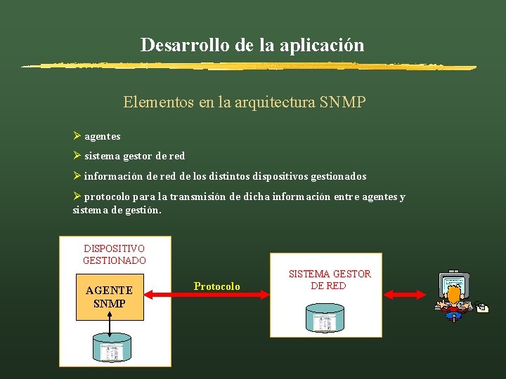 Desarrollo de la aplicación Elementos en la arquitectura SNMP Ø agentes Ø sistema gestor