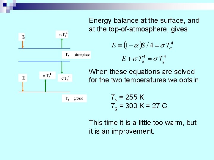 Energy balance at the surface, and at the top-of-atmosphere, gives When these equations are Energy balance at the surface, and at the top-of-atmosphere, gives When these equations are