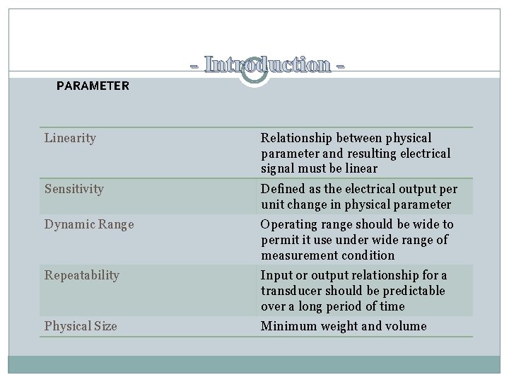 - Introduction PARAMETER Linearity Relationship between physical parameter and resulting electrical signal must be