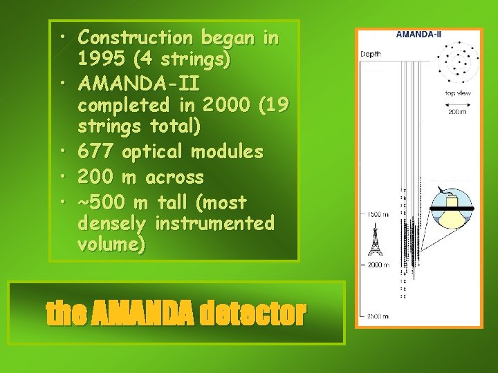  • Construction began in 1995 (4 strings) • AMANDA-II completed in 2000 (19