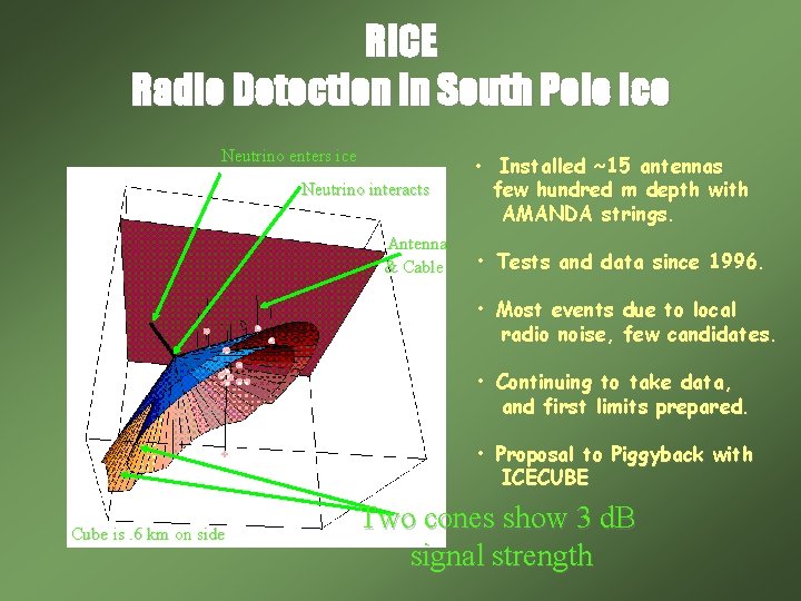 RICE Radio Detection in South Pole Ice Neutrino enters ice Neutrino interacts Antenna &