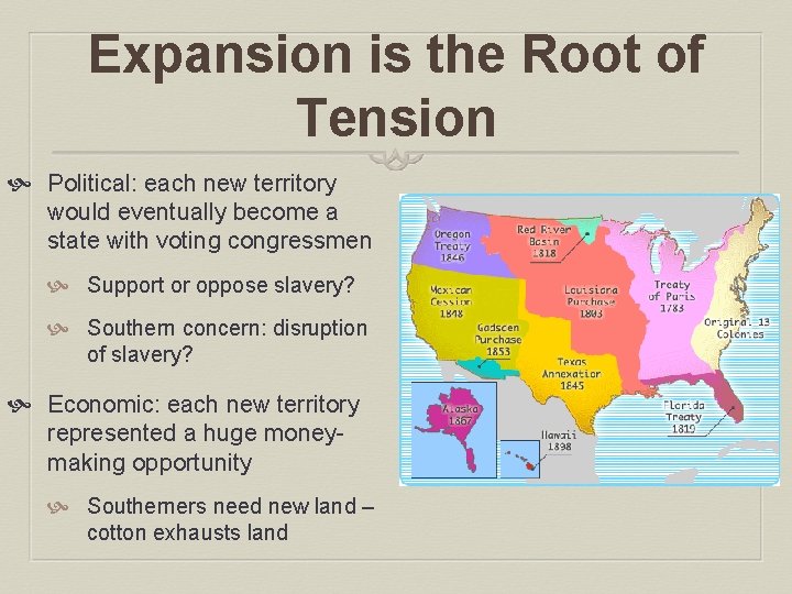 Expansion is the Root of Tension Political: each new territory would eventually become a