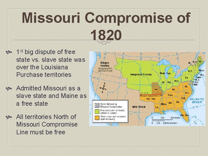 Missouri Compromise of 1820 1 st big dispute of free state vs. slave state