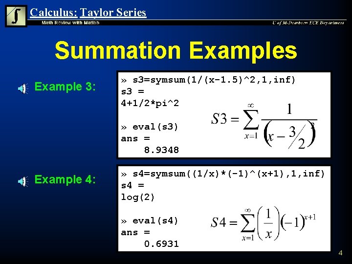 Math Review With Matlab Calculus Taylors Series S