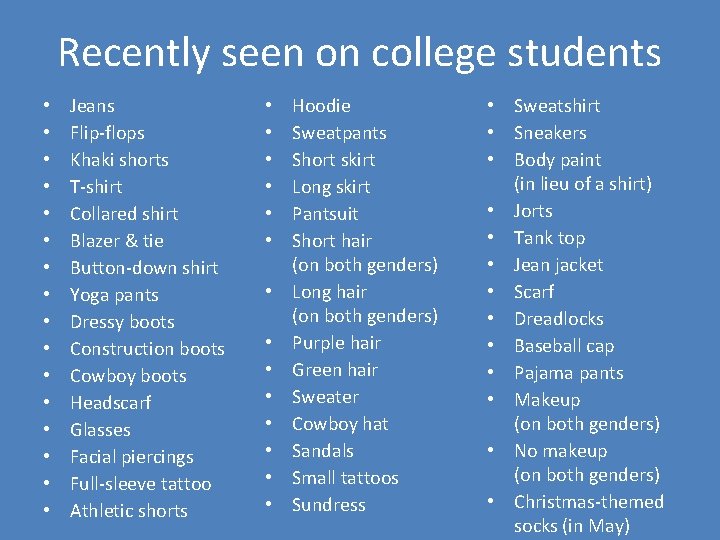 Recently seen on college students • • • • Jeans Flip-flops Khaki shorts T-shirt