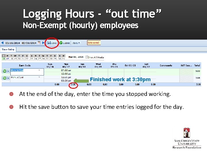 Logging Hours - “out time” Non-Exempt (hourly) employees Finished work at 3: 30 pm