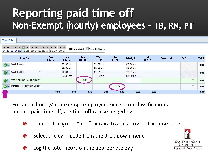 Reporting paid time off Non-Exempt (hourly) employees – TB, RN, PT For those hourly/non-exempt