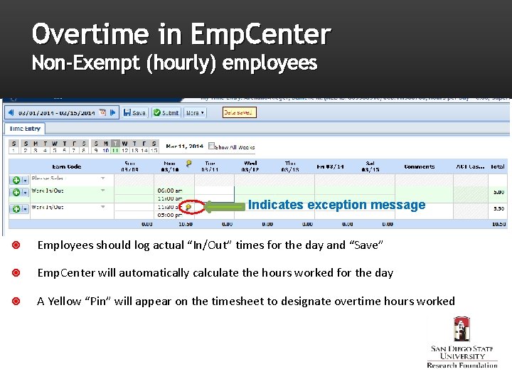 Overtime in Emp. Center Non-Exempt (hourly) employees Indicates exception message Employees should log actual