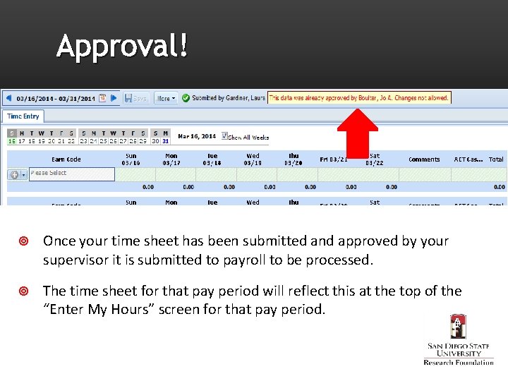 Approval! Once your time sheet has been submitted and approved by your supervisor it
