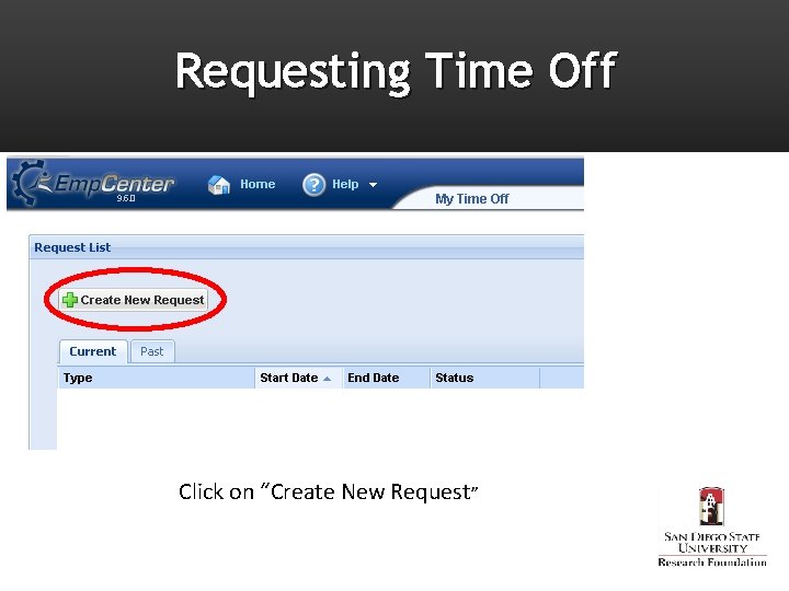 Requesting Time Off Click on “Create New Request” 