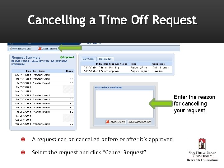 Cancelling a Time Off Request Enter the reason for cancelling your request. A request