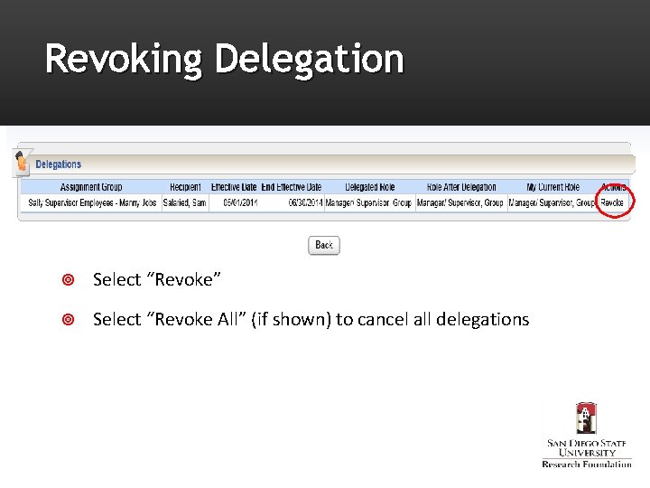 Revoking Delegation Select “Revoke” Select “Revoke All” (if shown) to cancel all delegations 