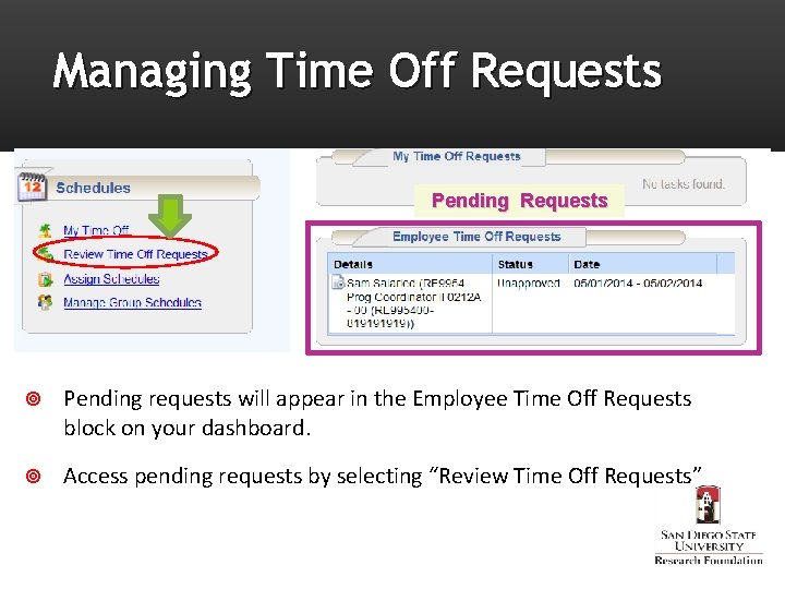 Managing Time Off Requests Pending requests will appear in the Employee Time Off Requests