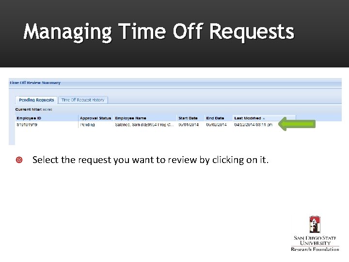 Managing Time Off Requests Select the request you want to review by clicking on