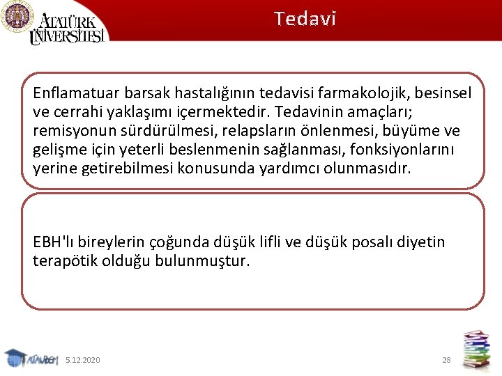 Tedavi Enflamatuar barsak hastalığının tedavisi farmakolojik, besinsel ve cerrahi yaklaşımı içermektedir. Tedavinin amaçları; remisyonun