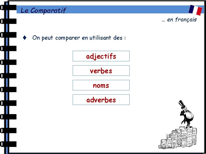 Le Comparatif … en français On peut comparer en utilisant des : adjectifs verbes