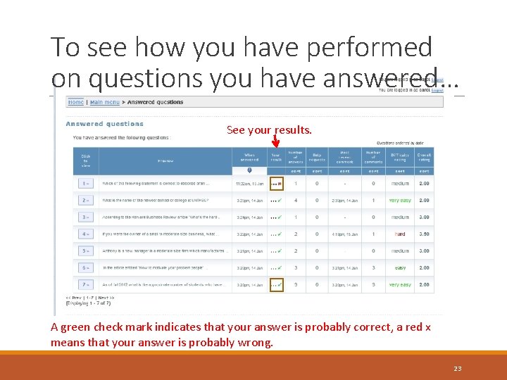 To see how you have performed on questions you have answered… See your results.