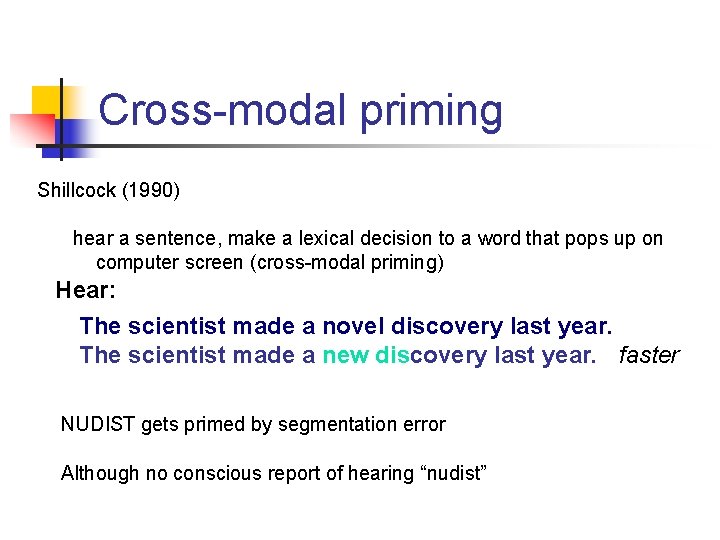 Cross-modal priming Shillcock (1990) hear a sentence, make a lexical decision to a word