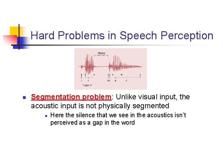 Hard Problems in Speech Perception n Segmentation problem: Unlike visual input, the acoustic input