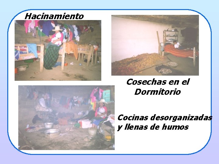 Hacinamiento Cosechas en el Dormitorio Cocinas desorganizadas y llenas de humos 