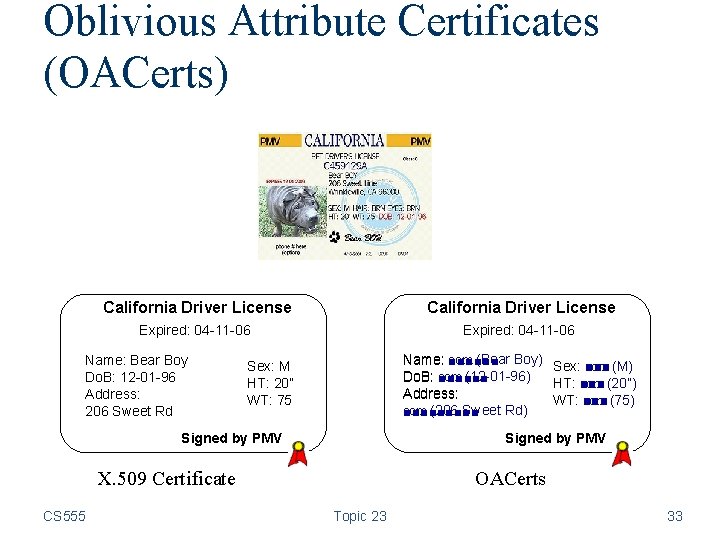 Oblivious Attribute Certificates (OACerts) California Driver License Expired: 04 -11 -06 Name: Bear Boy