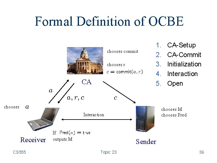 Formal Definition of OCBE chooses commit chooses r CA 1. 2. 3. 4. 5.