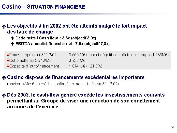 Casino - SITUATION FINANCIERE é Les objectifs à fin 2002 ont été atteints malgré