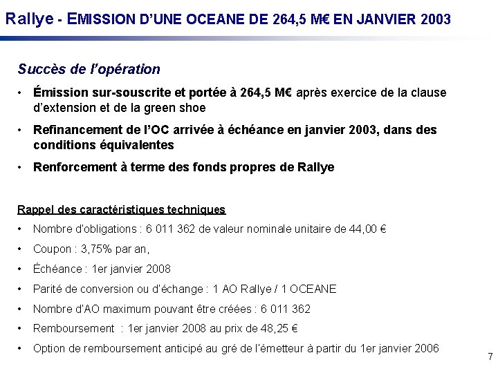 Rallye - EMISSION D’UNE OCEANE DE 264, 5 M€ EN JANVIER 2003 Succès de