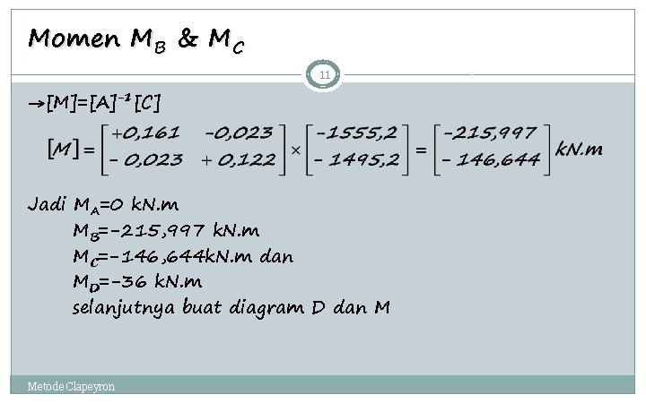 Momen MB & MC 11 →[M]=[A]-1[C] Jadi MA=0 k. N. m MB=-215, 997 k.