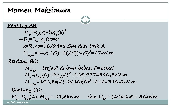 Momen Maksimum 13 Bentang AB Mx=RA(x)-½q 1(x)2 →Dx=RA-q 1(x)=0 x=RA/q=36/24=1, 5 m dari titik