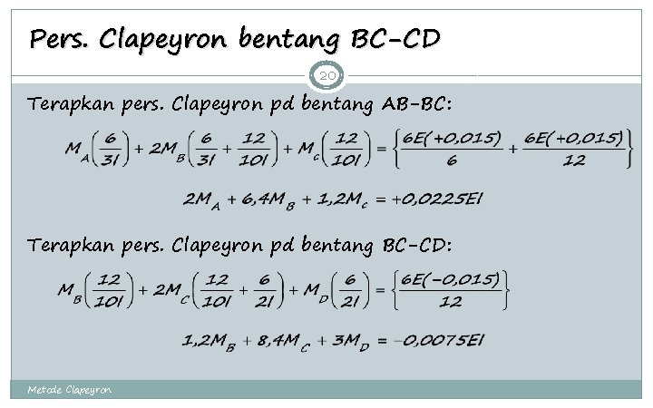 Pers. Clapeyron bentang BC-CD 20 Terapkan pers. Clapeyron pd bentang AB-BC: Terapkan pers. Clapeyron