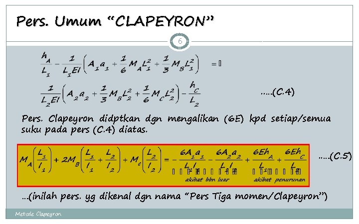 Pers. Umum “CLAPEYRON” 6 . . …(C. 4) Pers. Clapeyron didptkan dgn mengalikan (6