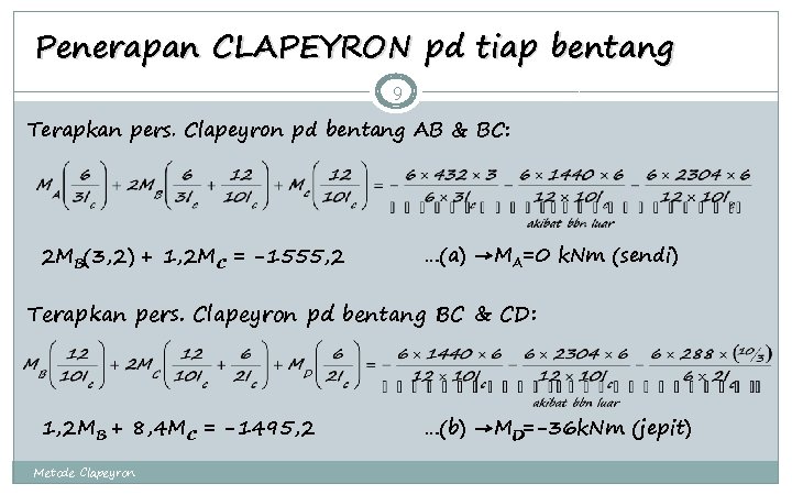 Penerapan CLAPEYRON pd tiap bentang 9 Terapkan pers. Clapeyron pd bentang AB & BC: