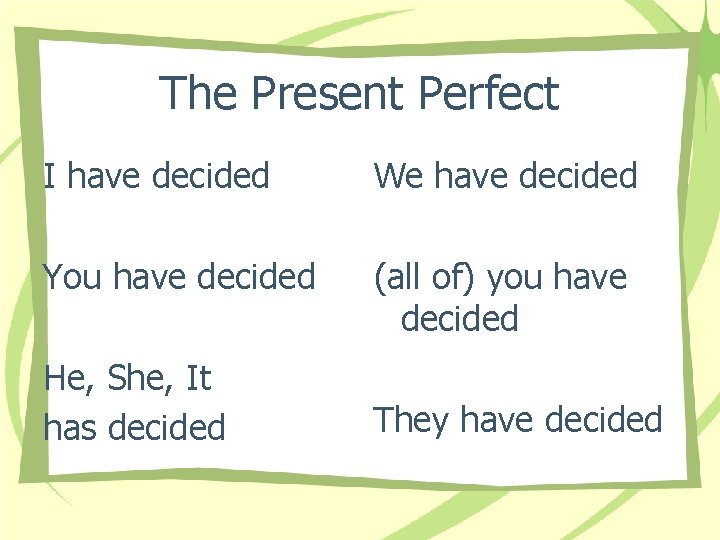 The Present Perfect I have decided We have decided You have decided (all of)