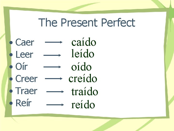 The Present Perfect • Caer • Leer • Oír • Creer • Traer •