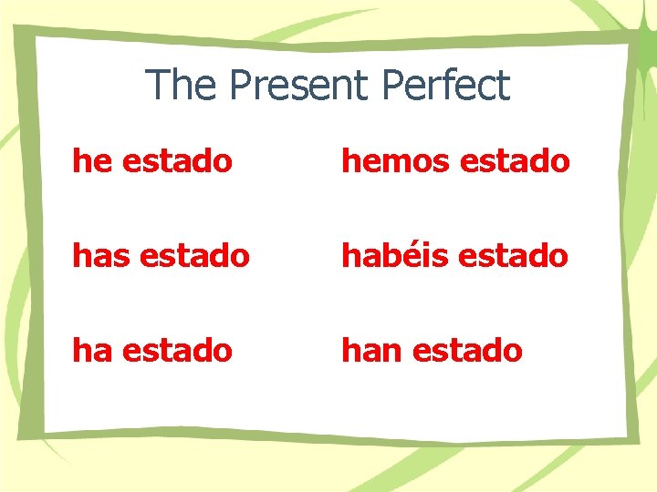 The Present Perfect he estado hemos estado habéis estado han estado 