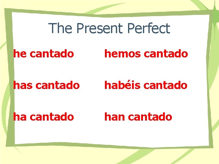 The Present Perfect he cantado hemos cantado habéis cantado han cantado 